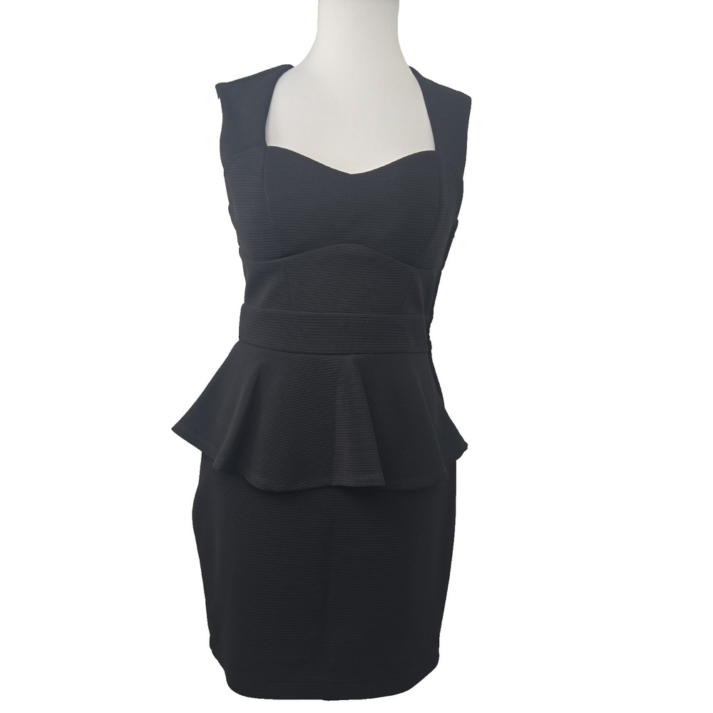 Honey And Rosie MEDIUM Black Ribbed Sweetheart Sleeveless Peplum Mini Dress